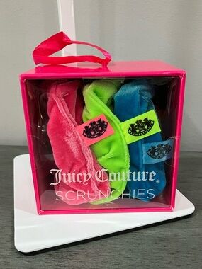 Juicy Couture Velvet Scrunchie Trio - Neon Pink, Lime, Blue